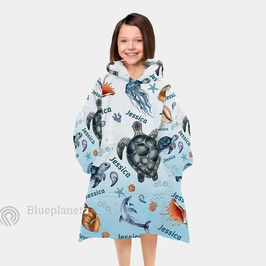 Custom Name Hoodies Blanket, Personalized Under The Sea Ocean Animal Turtle Wearable Hoodie Blanket, Oversized Blanket, Christmas Gift