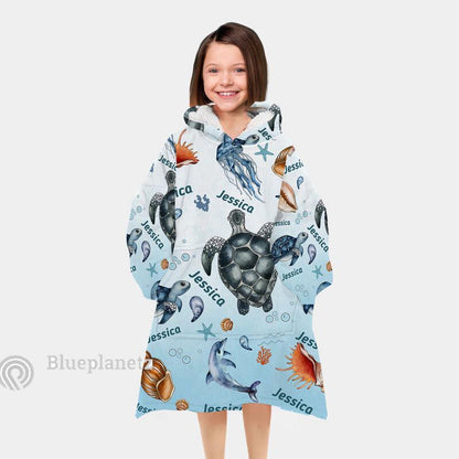 Custom Name Hoodies Blanket, Personalized Under The Sea Ocean Animal Turtle Wearable Hoodie Blanket, Oversized Blanket, Christmas Gift