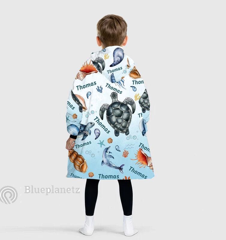 Custom Name Hoodies Blanket, Personalized Under The Sea Ocean Animal Turtle Wearable Hoodie Blanket, Oversized Blanket, Christmas Gift