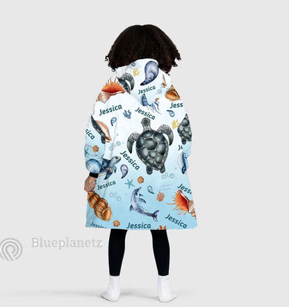 Custom Name Hoodies Blanket, Personalized Under The Sea Ocean Animal Turtle Wearable Hoodie Blanket, Oversized Blanket, Christmas Gift