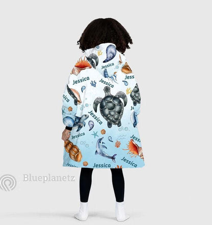 Custom Name Hoodies Blanket, Personalized Under The Sea Ocean Animal Turtle Wearable Hoodie Blanket, Oversized Blanket, Christmas Gift