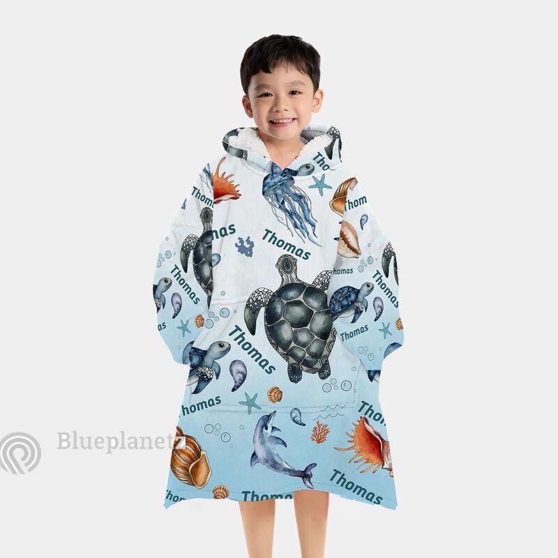 Custom Name Hoodies Blanket, Personalized Under The Sea Ocean Animal Turtle Wearable Hoodie Blanket, Oversized Blanket, Christmas Gift