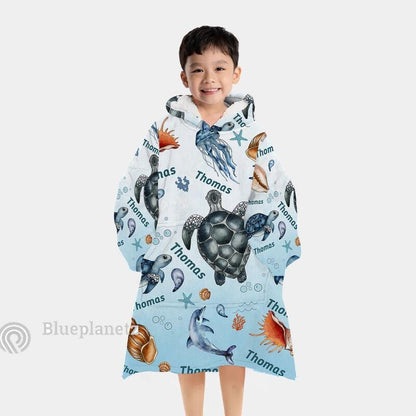 Custom Name Hoodies Blanket, Personalized Under The Sea Ocean Animal Turtle Wearable Hoodie Blanket, Oversized Blanket, Christmas Gift
