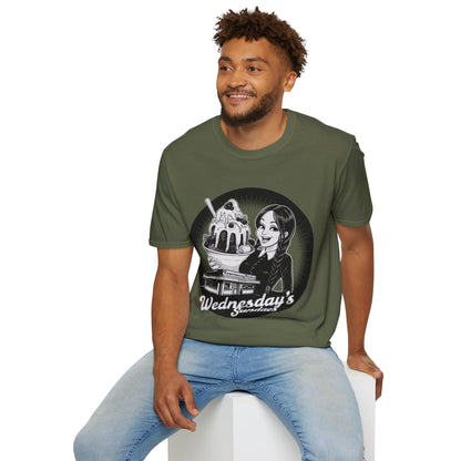 Retro icecream vendor T-shirt, ideal gift for Wednesdays child, Americana design style, cool monochrome image, birthday gift for Wednesdays