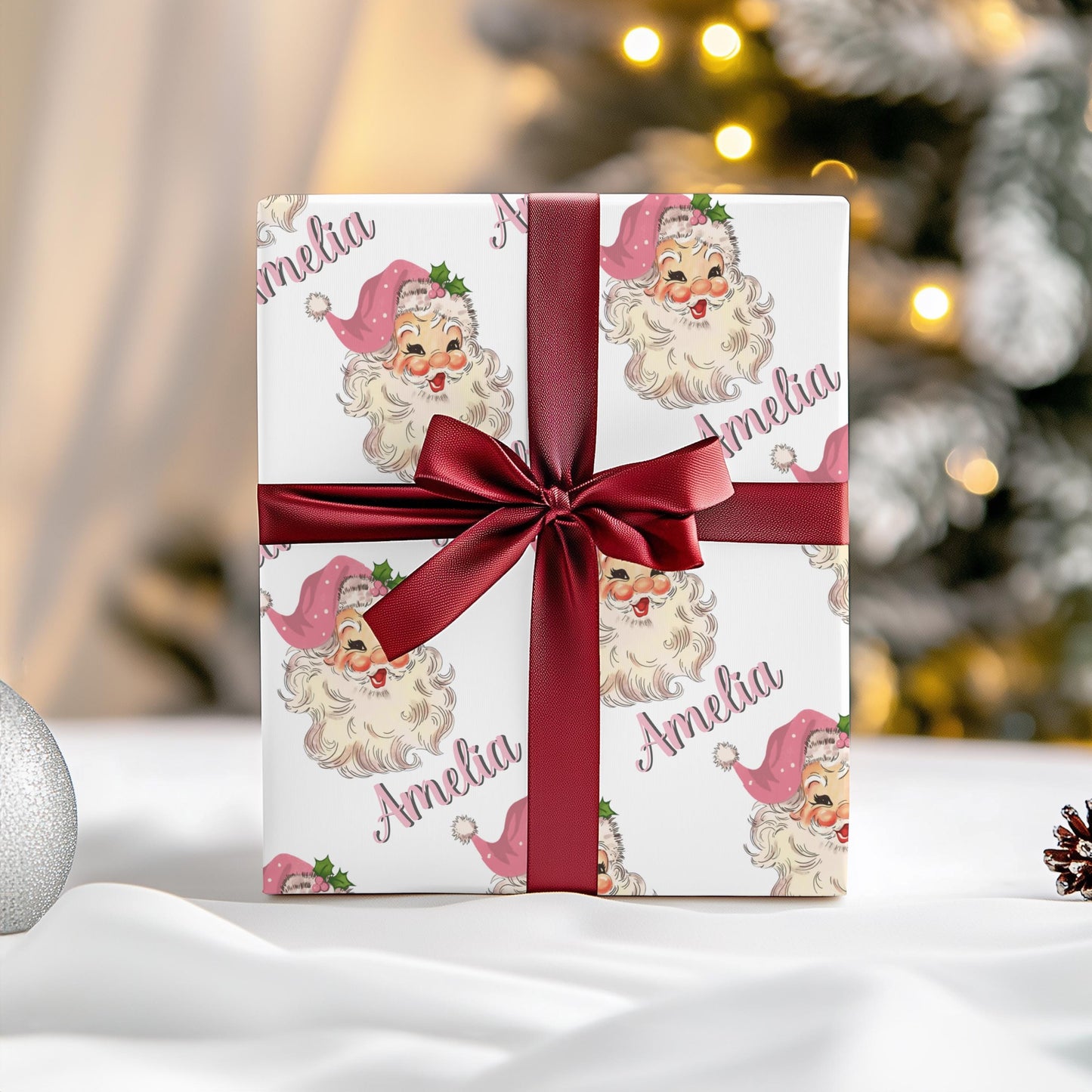 Girls Pink Personalized Santa Gift Wrap Papers -  Customized Kids Christmas Gift wrapping - Santa Claus Custom Name  Wrapping paper