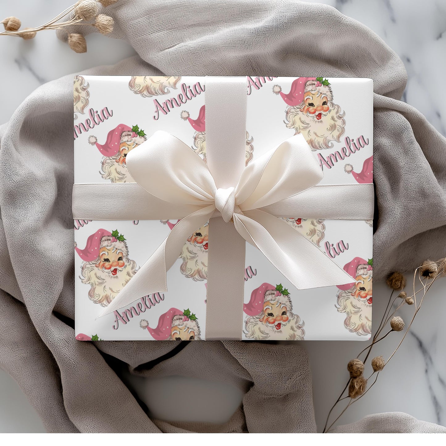 Girls Pink Personalized Santa Gift Wrap Papers -  Customized Kids Christmas Gift wrapping - Santa Claus Custom Name  Wrapping paper