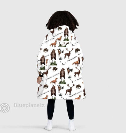 Custom Name Hoodies Blanket, Personalized Woodland Animals Wearable Hoodie Blanket, Oversized Blanket, Christmas Gift