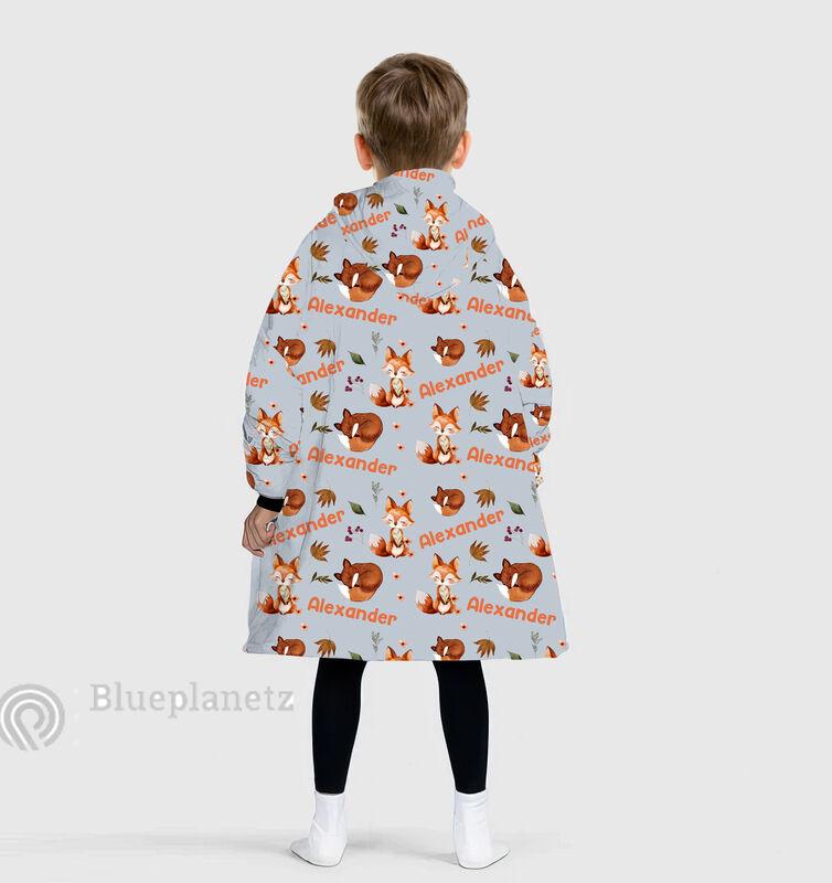 Custom Name Hoodies Blanket, Personalized Brown Fox Wearable Hoodie Blanket, Oversized Blanket, Christmas Gift