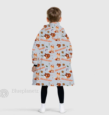 Custom Name Hoodies Blanket, Personalized Brown Fox Wearable Hoodie Blanket, Oversized Blanket, Christmas Gift