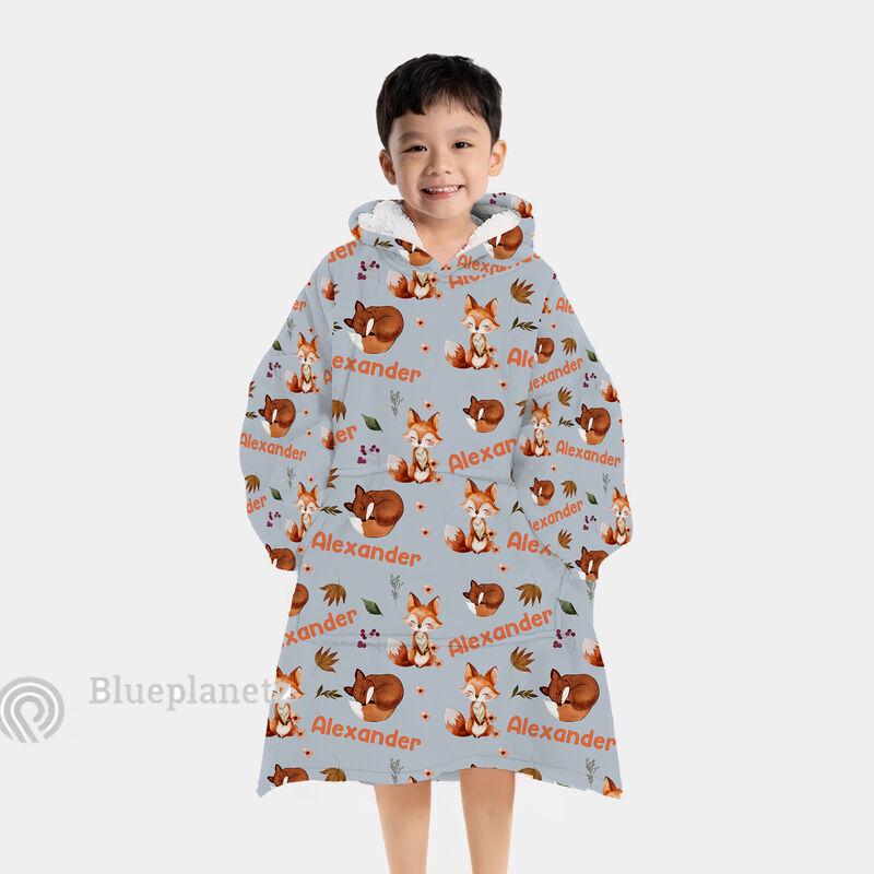 Custom Name Hoodies Blanket, Personalized Brown Fox Wearable Hoodie Blanket, Oversized Blanket, Christmas Gift