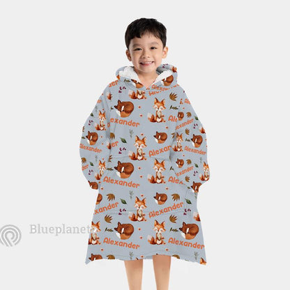 Custom Name Hoodies Blanket, Personalized Brown Fox Wearable Hoodie Blanket, Oversized Blanket, Christmas Gift