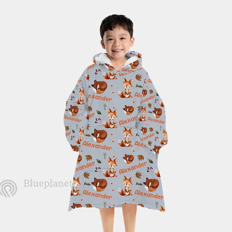 Custom Name Hoodies Blanket, Personalized Brown Fox Wearable Hoodie Blanket, Oversized Blanket, Christmas Gift