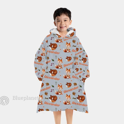 Custom Name Hoodies Blanket, Personalized Brown Fox Wearable Hoodie Blanket, Oversized Blanket, Christmas Gift