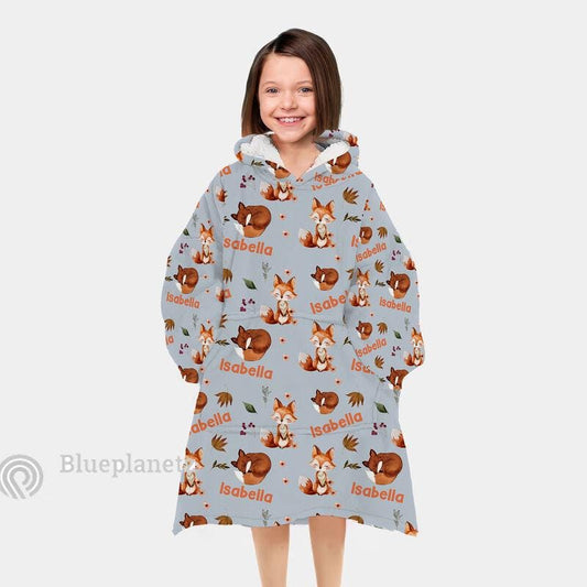 Custom Name Hoodies Blanket, Personalized Brown Fox Wearable Hoodie Blanket, Oversized Blanket, Christmas Gift