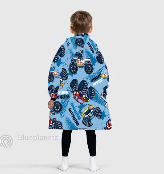 Custom Name Hoodies Blanket, Personalized Monster Truck Wearable Hoodie Blanket, Oversized Blanket, Christmas Gift