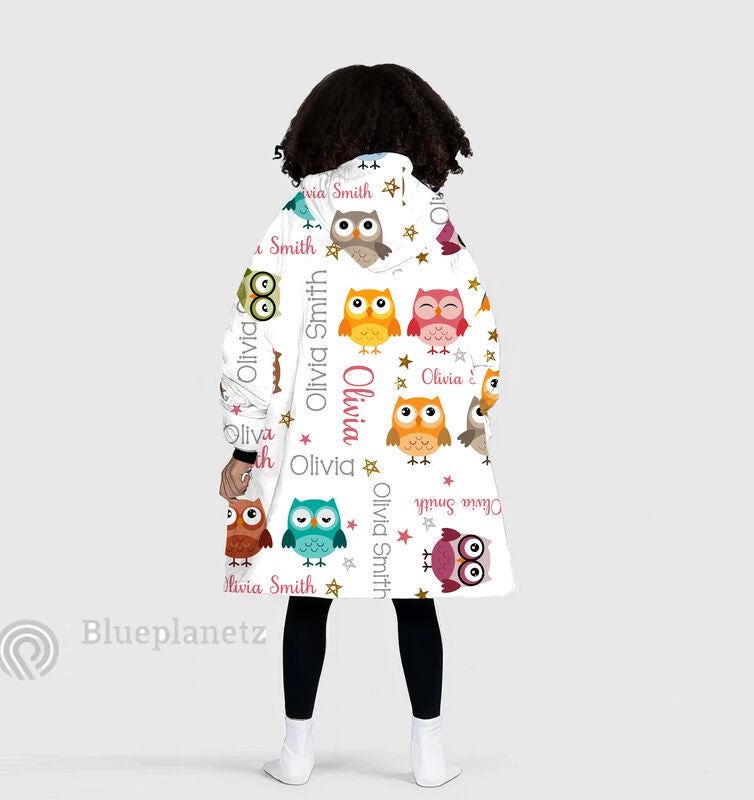 Custom Name Hoodies Blanket, Personalized Owl Wearable Hoodie Blanket, Oversized Blanket, Christmas Gift