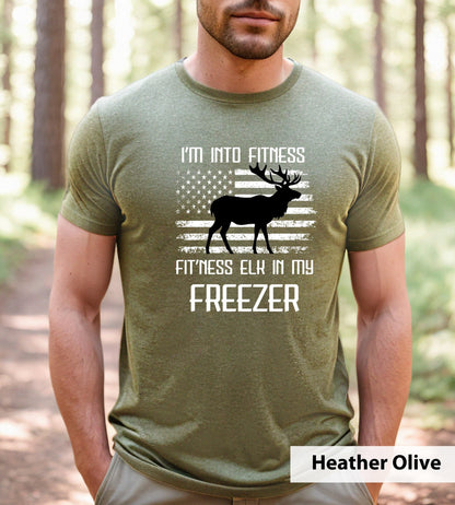 Funny Elk Hunting Dad Tee - American Flag Outdoorsman Gift | Hunting Gift for Hunter Husband | Elk in my Freezer | Hunting Shirt for Man