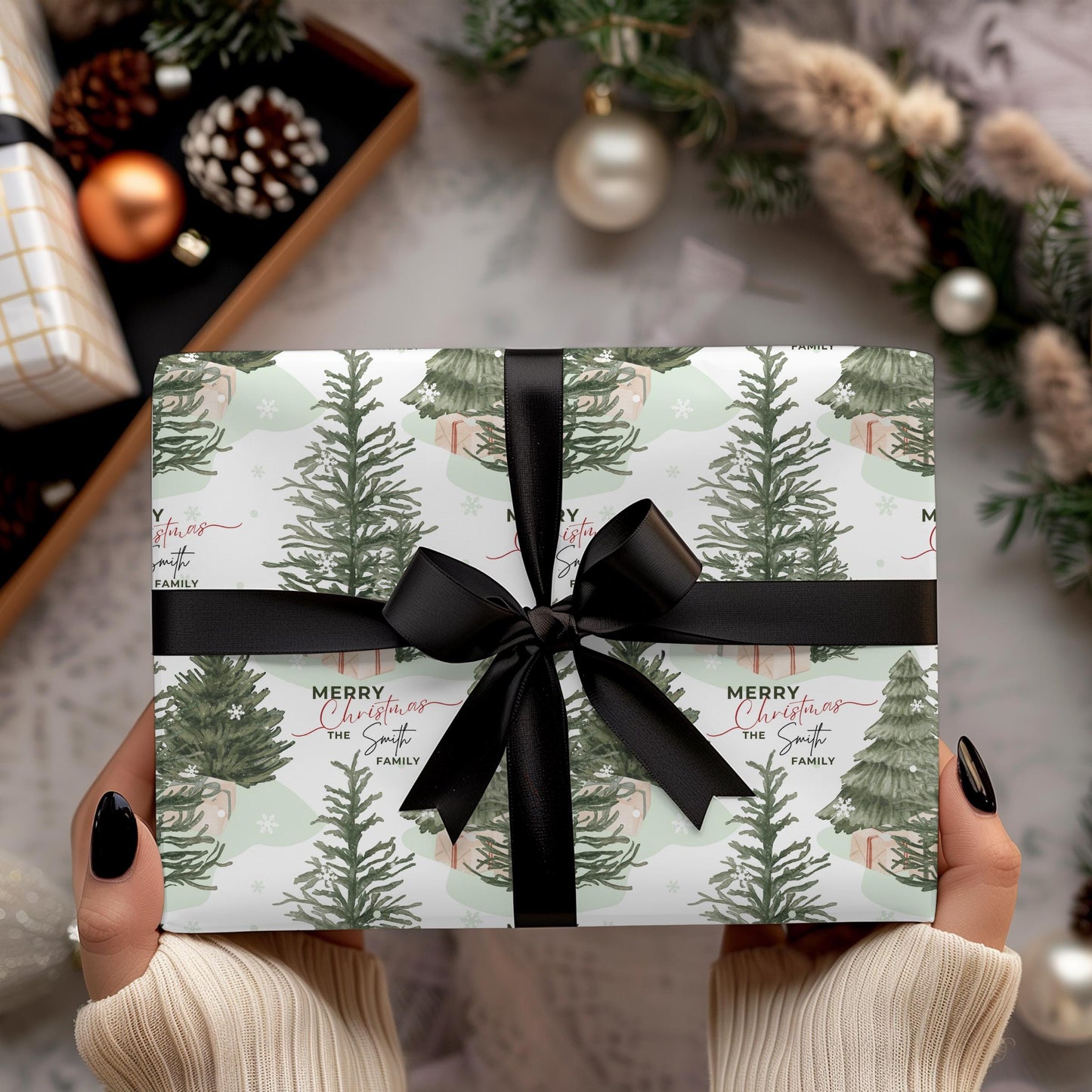 Personalized Christmas Tree Gift Wrapping Papers - Family Name Christmas Gift wrap - Classic Last Name Gift Wrap - Simple Gift Wrap
