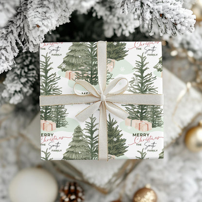 Personalized Christmas Tree Gift Wrapping Papers - Family Name Christmas Gift wrap - Classic Last Name Gift Wrap - Simple Gift Wrap