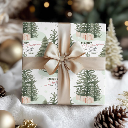 Personalized Christmas Tree Gift Wrapping Papers - Family Name Christmas Gift wrap - Classic Last Name Gift Wrap - Simple Gift Wrap