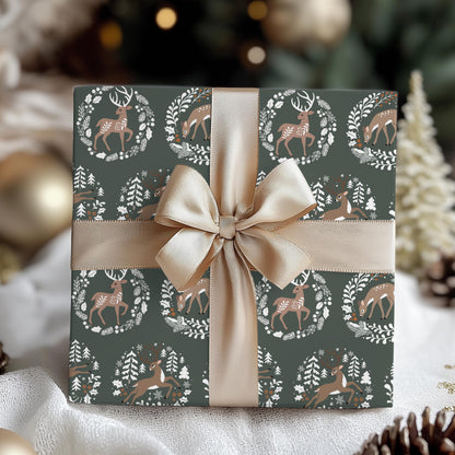 Woodland Deer Christmas Gift Wrapping Paper - Woodsy whimsical Animals - Folk Art Whimsy Gift Wrap