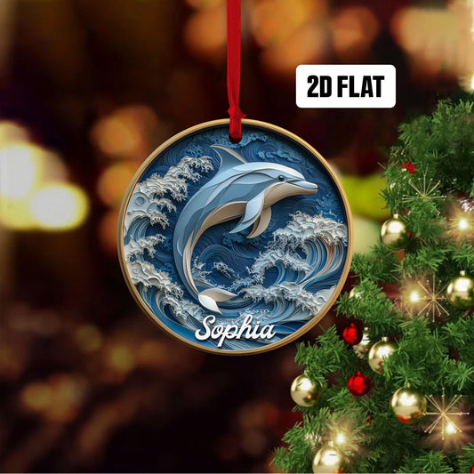 Personalized Dolphin 2D Flat Christmas Ornament, Dolphin Rearview Mirror Car Accessories, Dolphin Christmas Ornament, Gift for Dolphin Lover