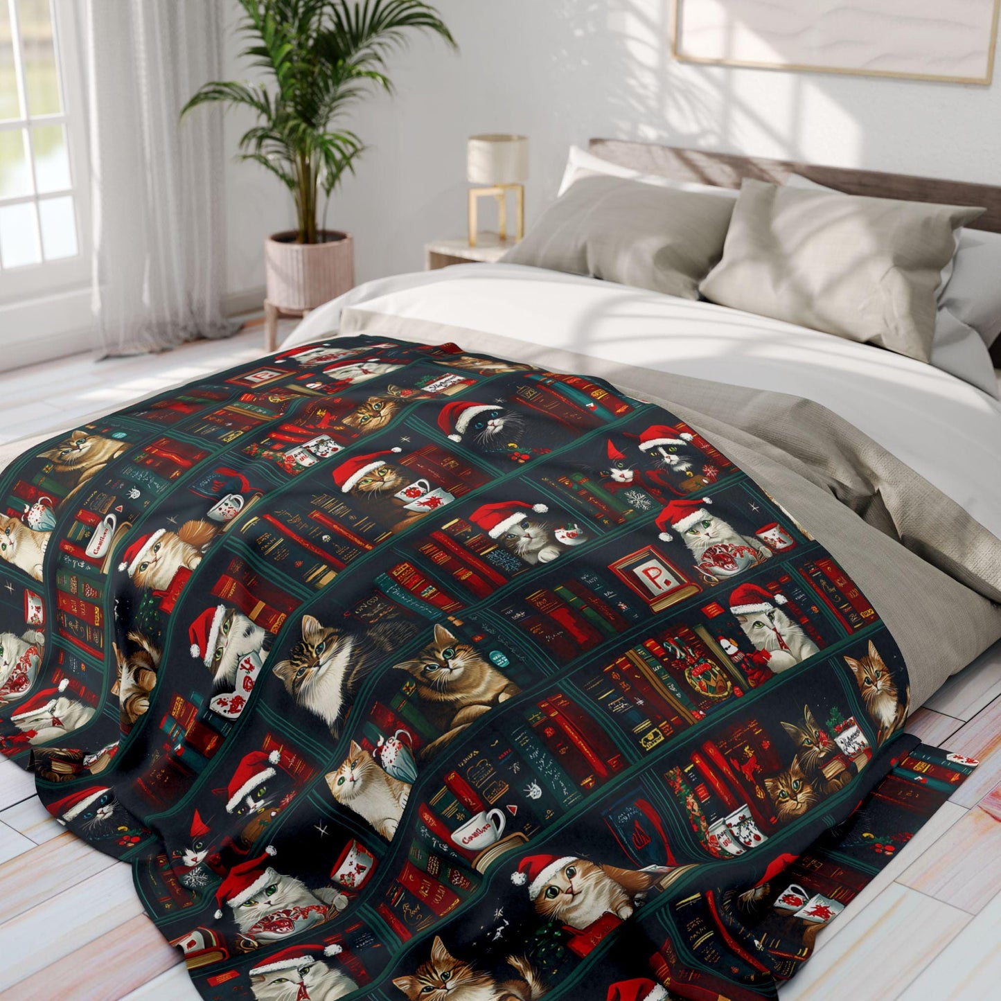 Cute Christmas Cat and Books Minky Blanket Cat Lover Sherpa Fleece Blanket Christmas Cat Mama Blanket Christmas Blanket Bookworm Blanket