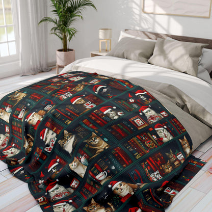 Cute Christmas Cat and Books Minky Blanket Cat Lover Sherpa Fleece Blanket Christmas Cat Mama Blanket Christmas Blanket Bookworm Blanket