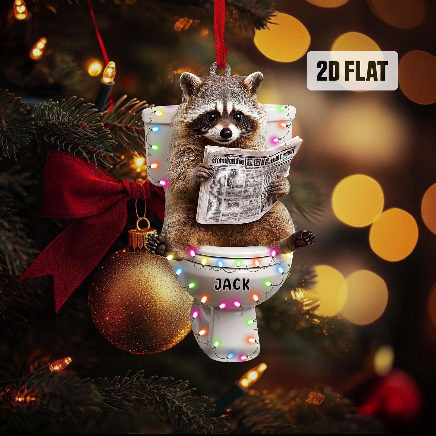 Personalized Racoon 2D Flat Ornament, Racoon Sitting on the Toilet Ornament, Funny Christmas Home Decor, Animal Lover, Racoon Lover Gifts