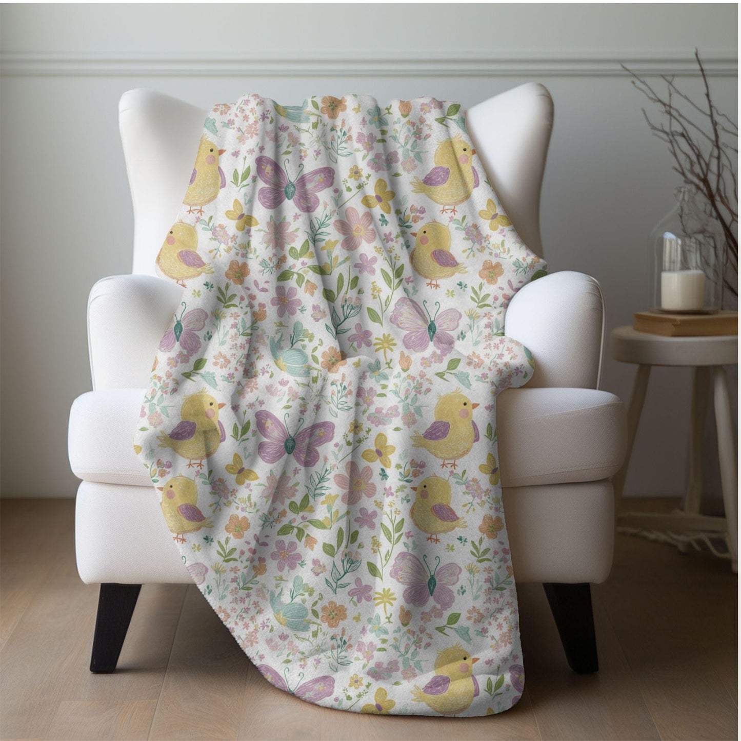 Spring Chicks Fleece Blanket Easter Floral Throw Blanket Whimsical Butterfly Home Decor Spring Floral Baby Blanket Baby Shower Gifts Ideas
