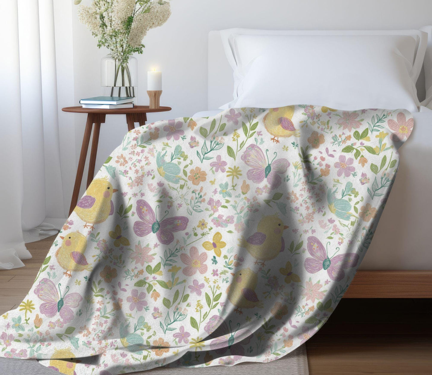 Spring Chicks Fleece Blanket Easter Floral Throw Blanket Whimsical Butterfly Home Decor Spring Floral Baby Blanket Baby Shower Gifts Ideas