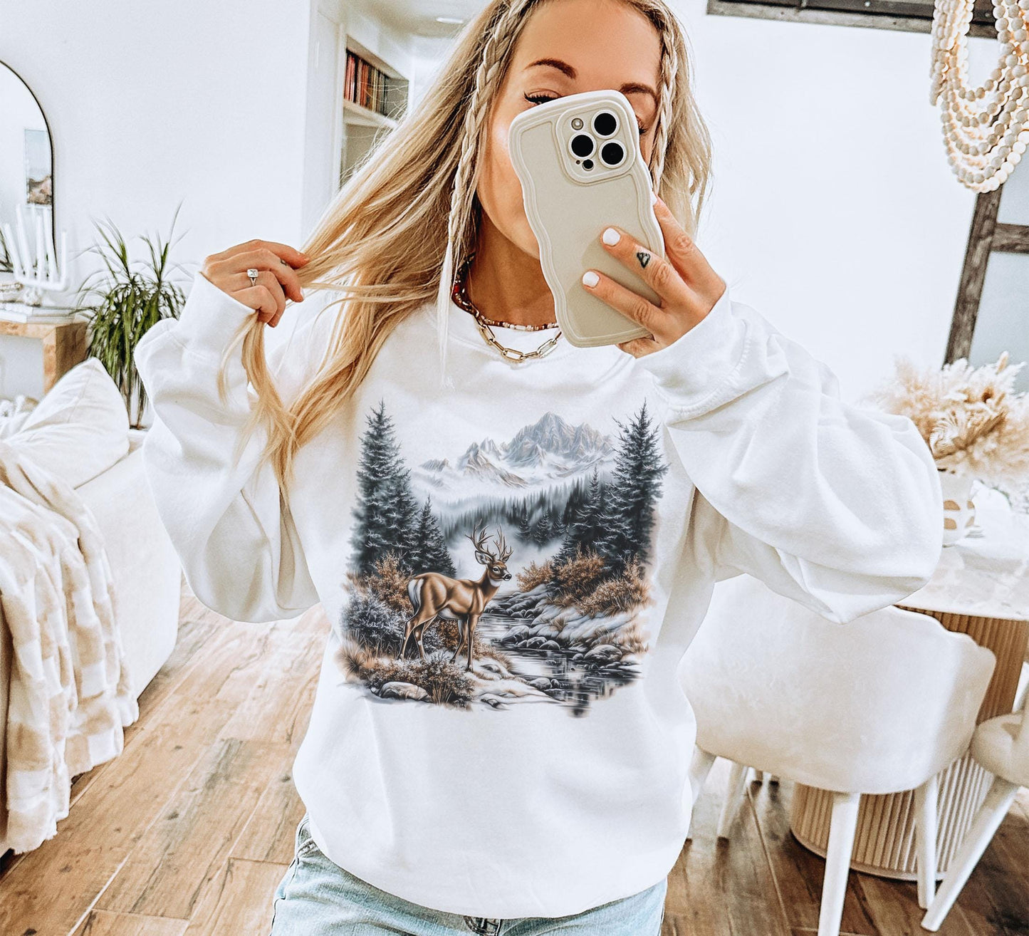 Retro Whitetail Buck Deer Winter Mountain Scene Sweatshirt - Nineties 90s Vintage Deer Nature Lover Outfit - Boho Unisex Crewneck Sweatshirt