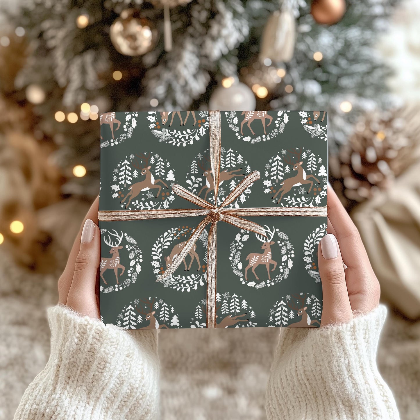 Woodland Deer Christmas Gift Wrapping Paper - Woodsy whimsical Animals - Folk Art Whimsy Gift Wrap