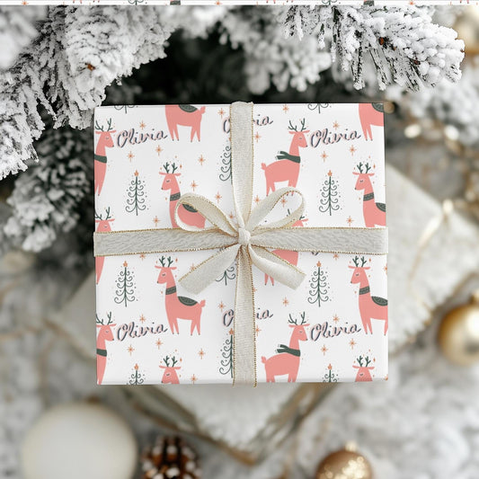 Girls Personalized Christmas Gift Wrapping Papers - Llama Name Christmas Gift wrap - Pink Cute Gift Wrap - Kids Gift Wrap