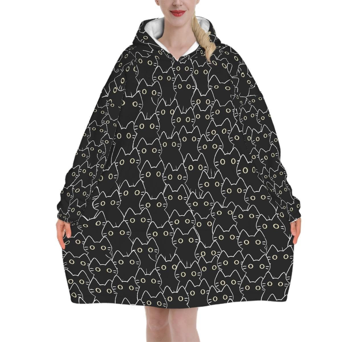 Black Cat Blanket Hoodie, Boho Witchy Black Hooded Jumper, Kawaii Anime Cute Winter Fall Accessory