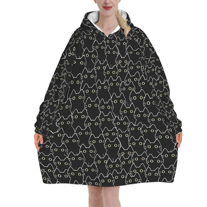 Black Cat Blanket Hoodie, Boho Witchy Black Hooded Jumper, Kawaii Anime Cute Winter Fall Accessory