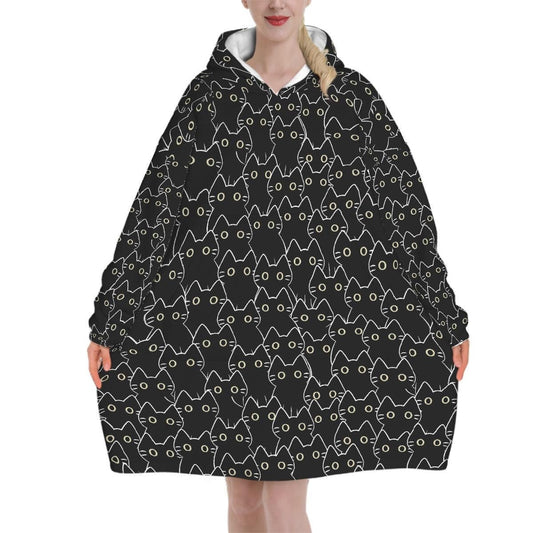 Black Cat Blanket Hoodie, Boho Witchy Black Hooded Jumper, Kawaii Anime Cute Winter Fall Accessory