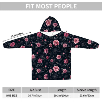 Pink Rose Spiderweb Blanket Hoodie, Boho Witchy Black Hooded Jumper, Gothic Floral Cute Winter Fall Accessory