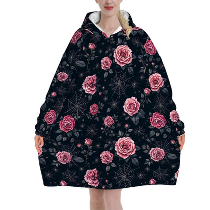 Pink Rose Spiderweb Blanket Hoodie, Boho Witchy Black Hooded Jumper, Gothic Floral Cute Winter Fall Accessory