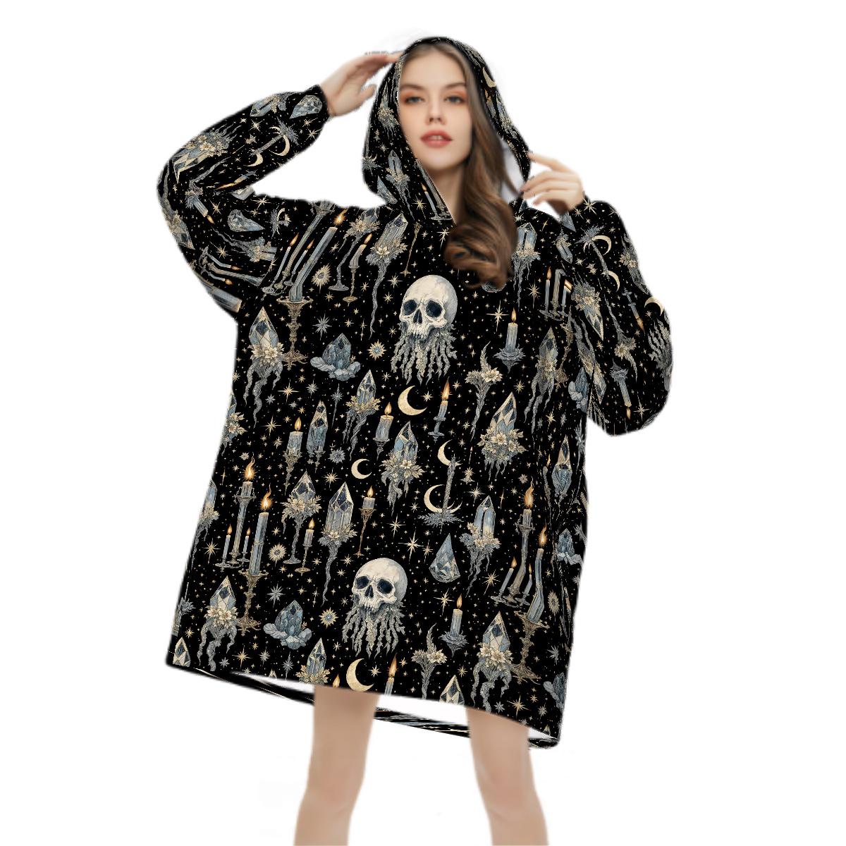Crystal Skull Blanket Hoodie, Moon Boho Witchy Black Hooded Jumper, Gothic Floral Cute Winter Fall Accessory