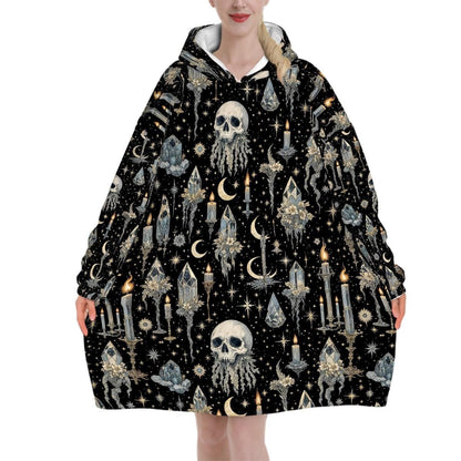 Crystal Skull Blanket Hoodie, Moon Boho Witchy Black Hooded Jumper, Gothic Floral Cute Winter Fall Accessory