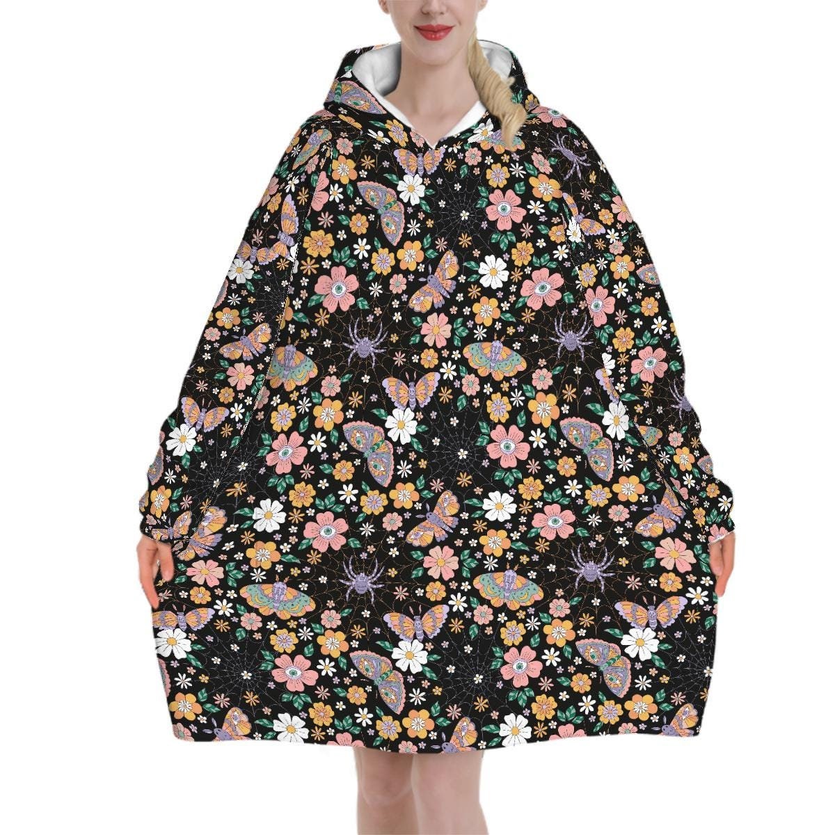 Butterfly Spiderweb Blanket Hoodie, Moon Boho Witchy Black Hooded Jumper, Gothic Floral Cute Winter Fall Accessory