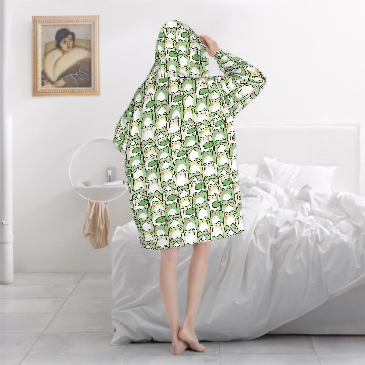 Green Kawaii Frog Blanket Hoodie, Funny Hooded Jumper, Kawaii Anime Cute Winter Fall Accessory