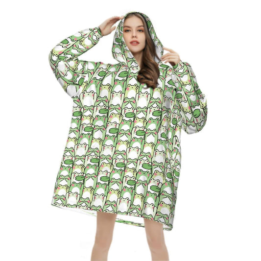 Green Kawaii Frog Blanket Hoodie, Funny Hooded Jumper, Kawaii Anime Cute Winter Fall Accessory