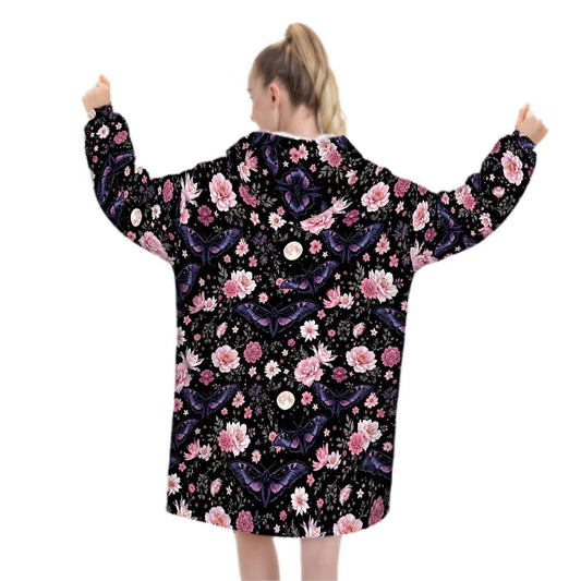 Purple Moth Floral Blanket Hoodie, Pink Boho Witchy Black Hooded Jumper, Gothic Floral Cute Winter Fall Accessory