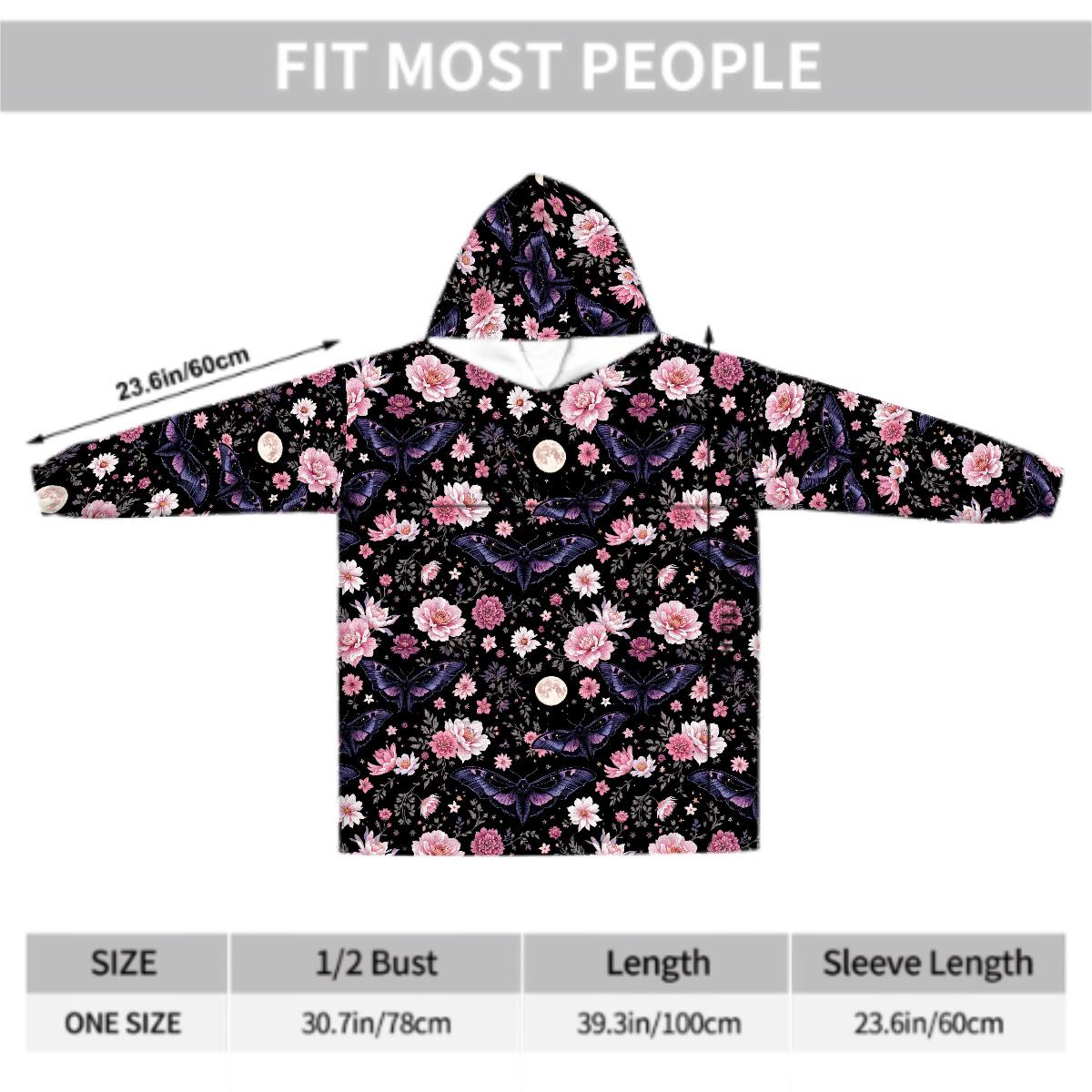 Purple Moth Floral Blanket Hoodie, Pink Boho Witchy Black Hooded Jumper, Gothic Floral Cute Winter Fall Accessory