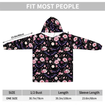 Purple Moth Floral Blanket Hoodie, Pink Boho Witchy Black Hooded Jumper, Gothic Floral Cute Winter Fall Accessory