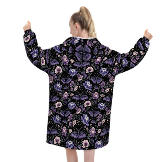Purple Butterfly Floral Blanket Hoodie, Pink Boho Witchy Black Hooded Jumper, Gothic Floral Cute Winter Fall Accessory