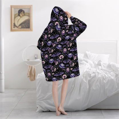 Purple Butterfly Floral Blanket Hoodie, Pink Boho Witchy Black Hooded Jumper, Gothic Floral Cute Winter Fall Accessory