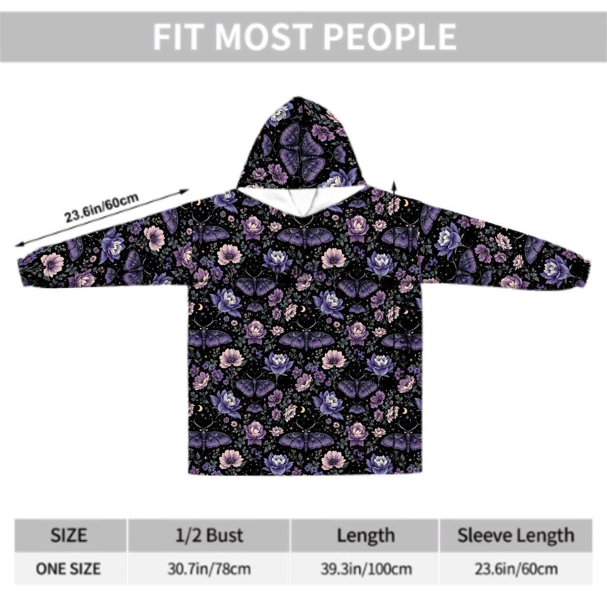 Purple Butterfly Floral Blanket Hoodie, Pink Boho Witchy Black Hooded Jumper, Gothic Floral Cute Winter Fall Accessory